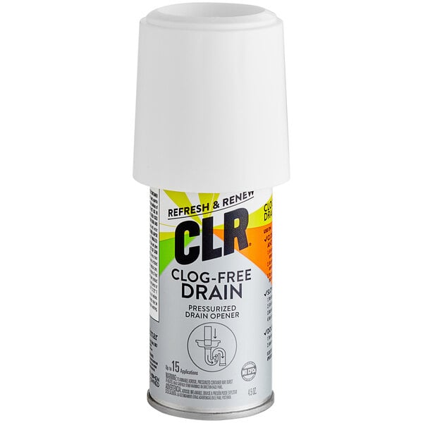 A close up of a CLR Pro Pressurized Drain Opener spray bottle.