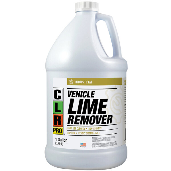 A white CLR Pro vehicle lime remover gallon bottle with a white label.