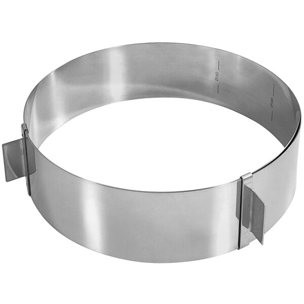 A Gobel stainless steel round adjustable ring mold with two metal clips.