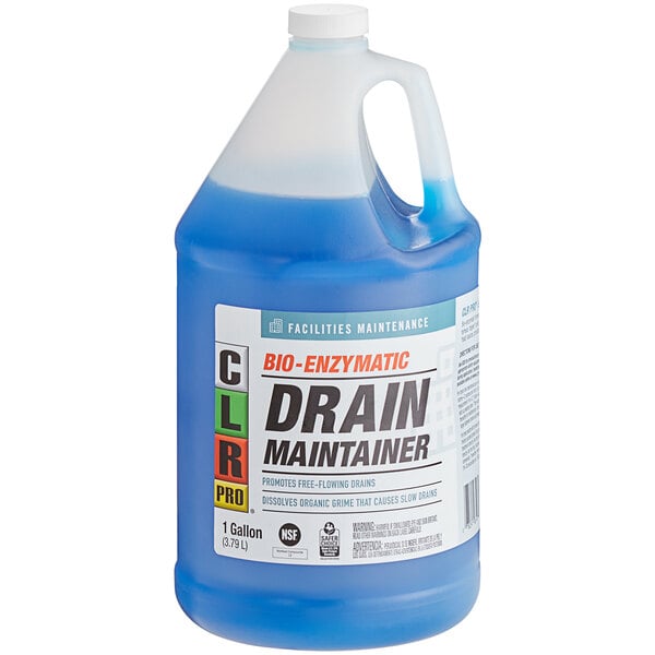 A jug of CLR Pro Bio-Enzymatic Drain Maintainer with blue liquid in it.