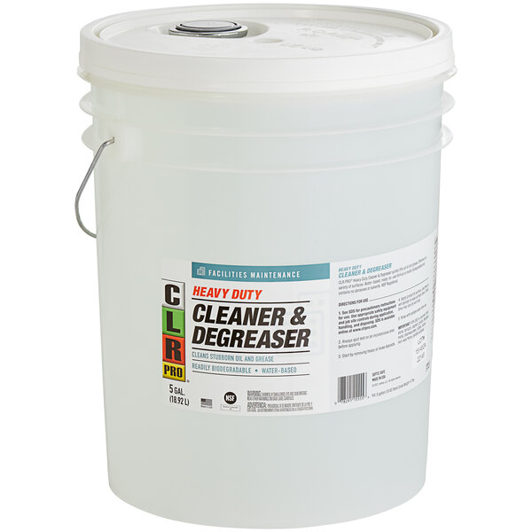 A white CLR Pro heavy-duty cleaner and degreaser bucket with a white lid.
