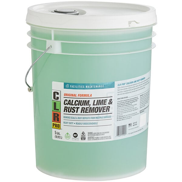 A white bucket of CLR PRO Calcium, Lime, and Rust Remover with green liquid inside.
