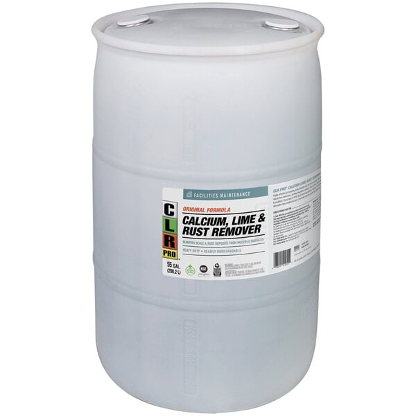 A white container with a CLR Calcium, Lime, and Rust Remover label.