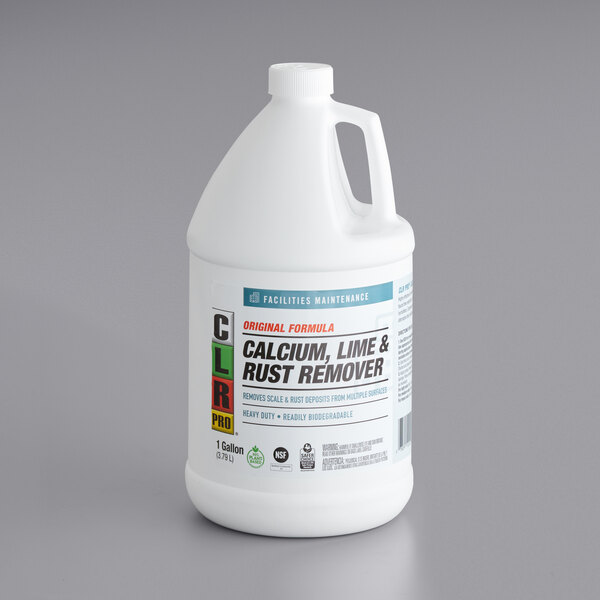 A white CLR Pro jug labeled "Calcium, Lime, and Rust Remover" with a handle.
