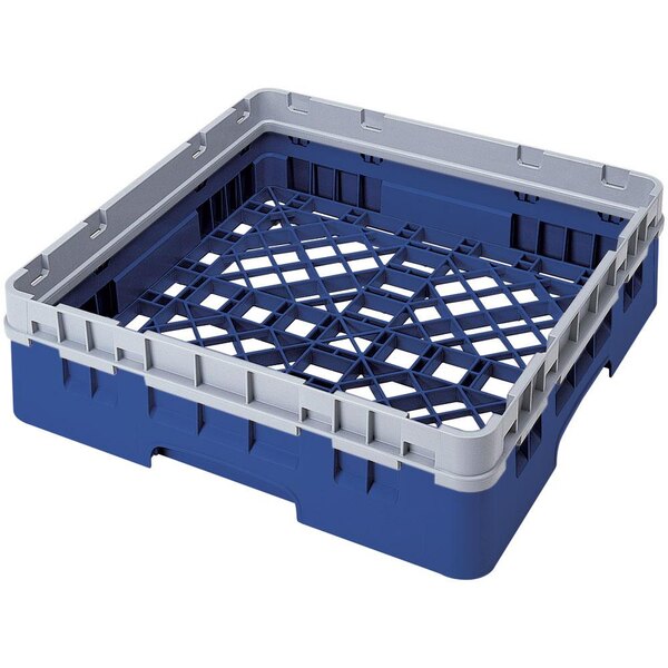 A blue plastic Cambro dish rack with closed sides.