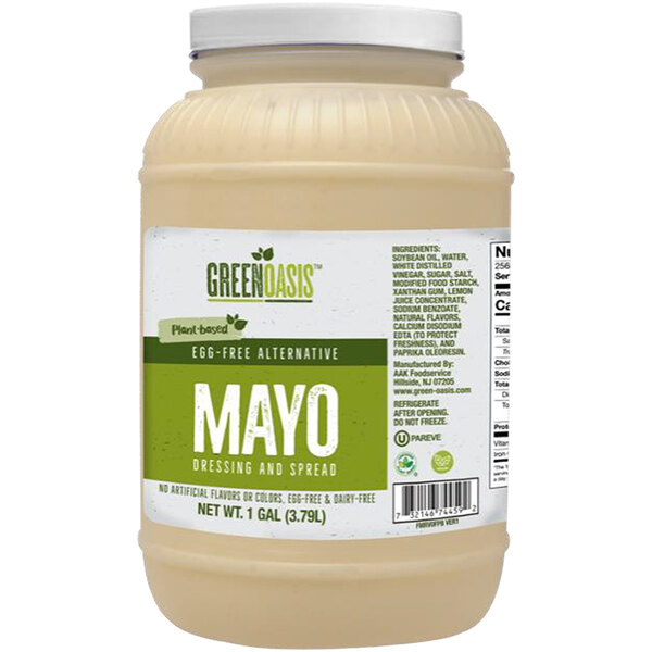 A plastic container of Green Oasis Vegan Mayonnaise with a white label.