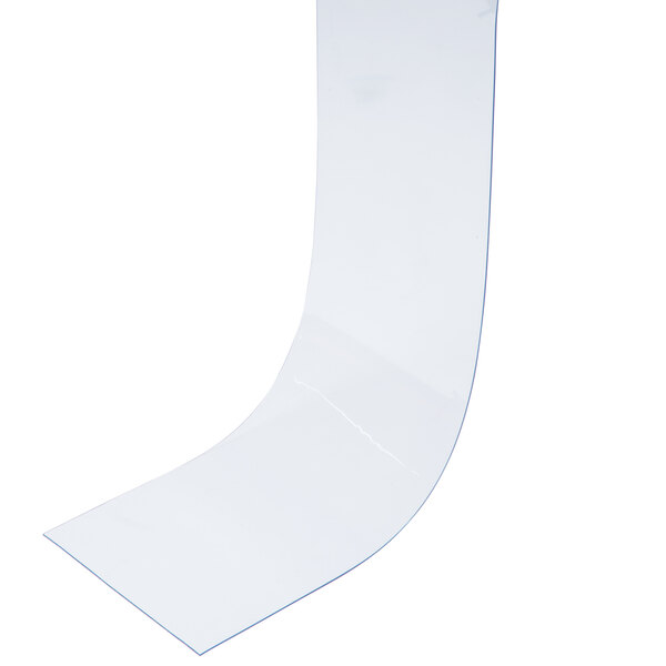 A clear plastic strip curtain with white curved edges and blue trim.