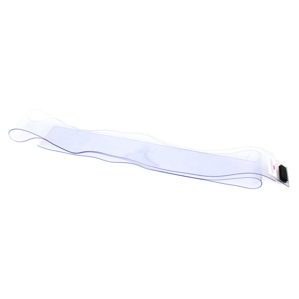 A clear plastic strip curtain with a black button on a white background.