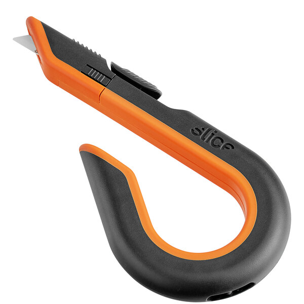 A black and orange Slice manual box cutter with a hook on it.