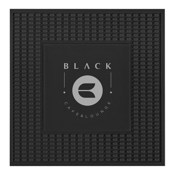 A black square M+A Matting customizable mat with white text.