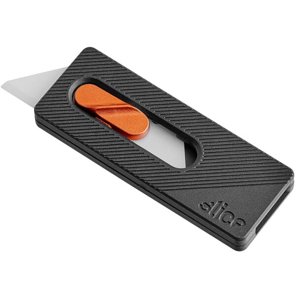 A black and orange Slice EDC pocket knife.