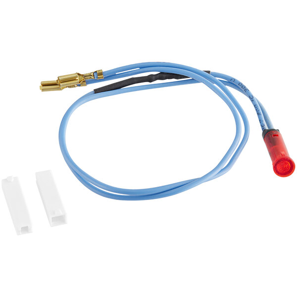 A blue wire with red and blue connectors.