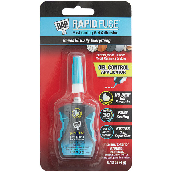 A plastic package of DAP RapidFuse gel glue with a blue cap.