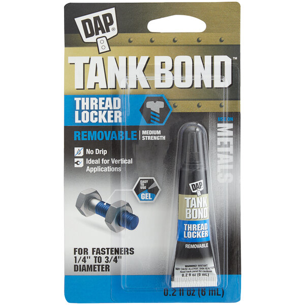 A blue and white tube of DAP Tank Bond thread locker.