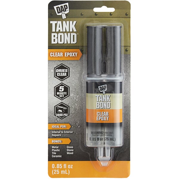 A package of DAP Tank Bond clear epoxy with black and orange labels.