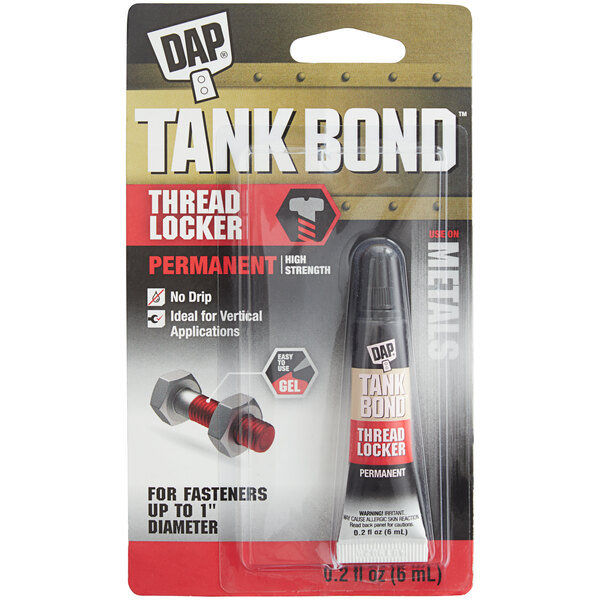 A package of DAP Tank Bond Red Permanent Gel Threadlocker.