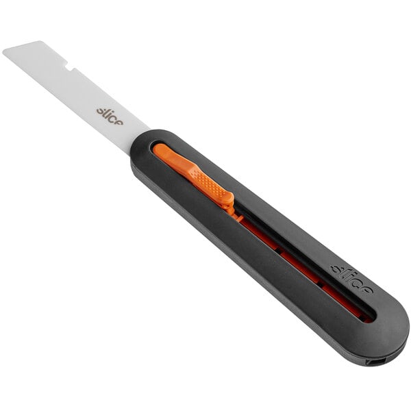 A Slice manual industrial knife with a black and orange handle.