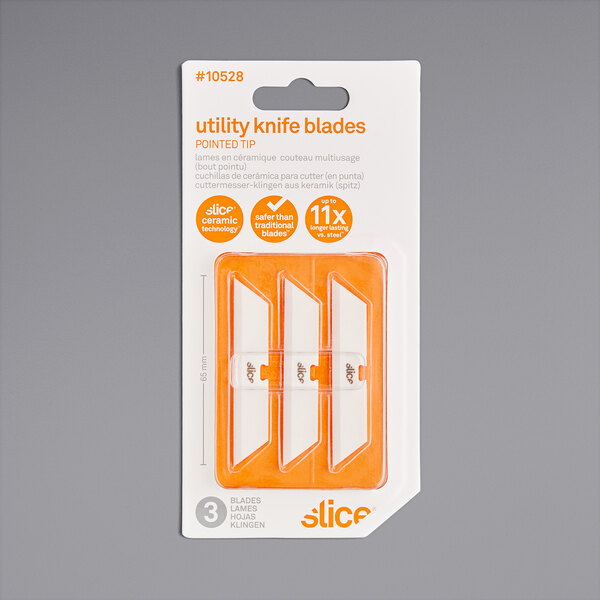 A white rectangular package with black text containing 3 Slice utility knife blades with orange accents.