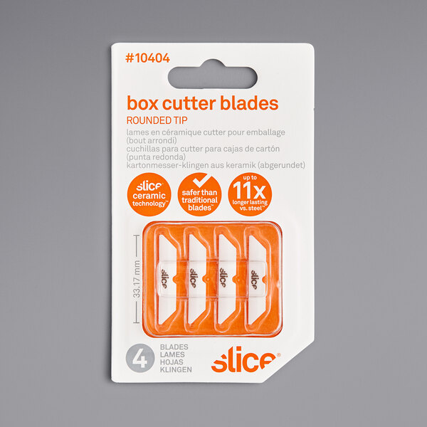 A plastic package containing 4 orange Slice rounded tip box cutter blades.