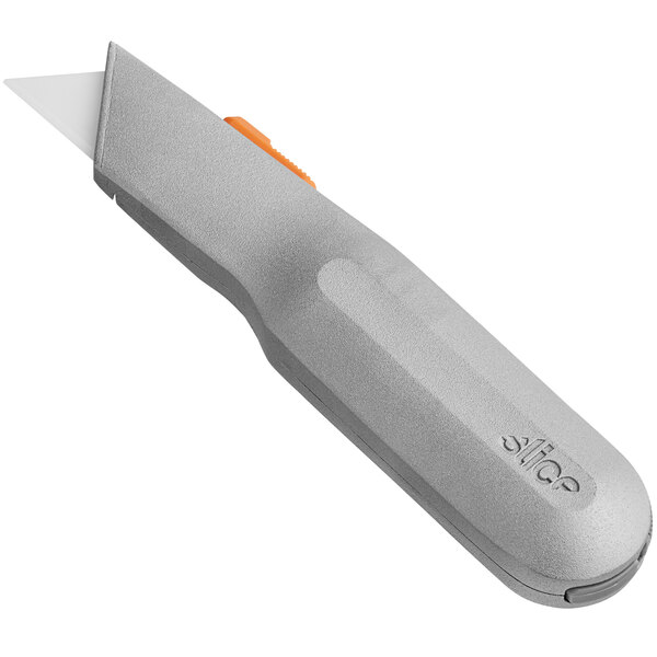 A grey Slice utility knife with an orange handle.
