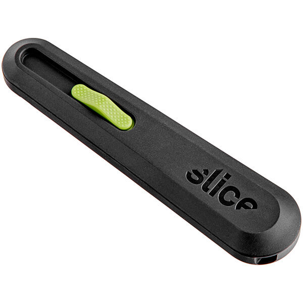 A black and green Slice Auto-Retractable Utility Knife with a green button.
