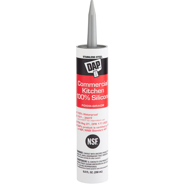 A white tube of DAP Stainless Steel Silicone Sealant with a gray label.