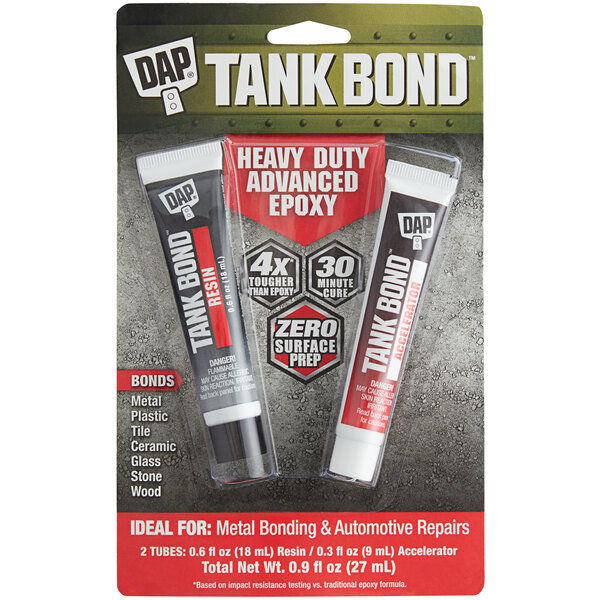 A package of DAP Tank Bond Heavy-Duty Advanced Epoxy on a grey surface.