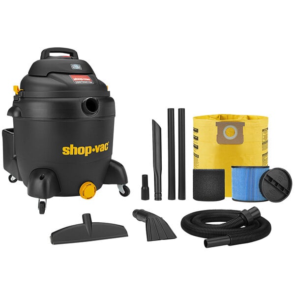 A black Shop-Vac wet/dry vacuum cleaner with various accessories.