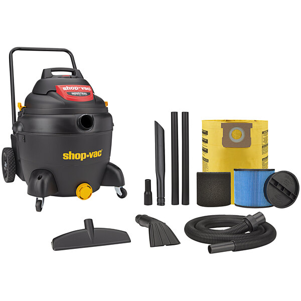 A black Shop-Vac wet/dry vacuum cleaner with wheels and various accessories.