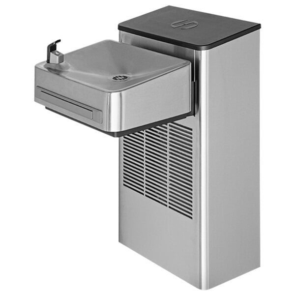 A Haws stainless steel wall mount water cooler with a black lid.