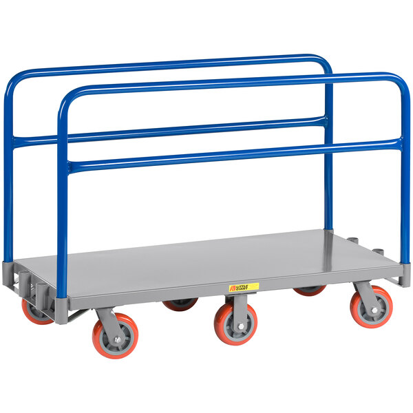A Little Giant panel cart with blue metal bars and blue wheels.