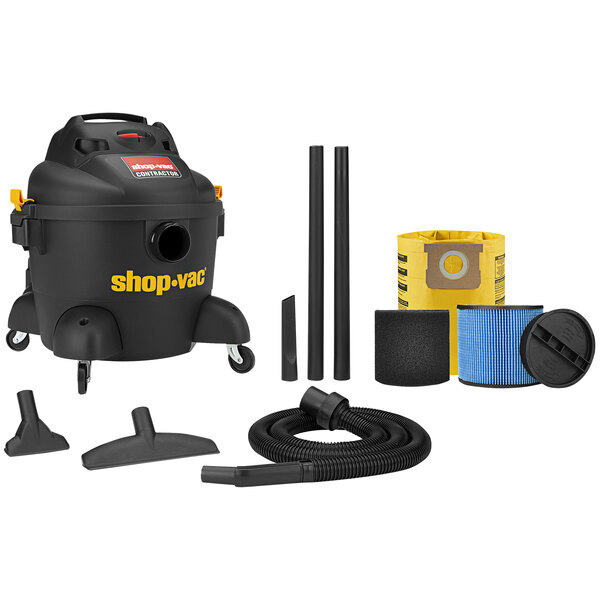 A black Shop-Vac wet/dry vacuum with accessories.
