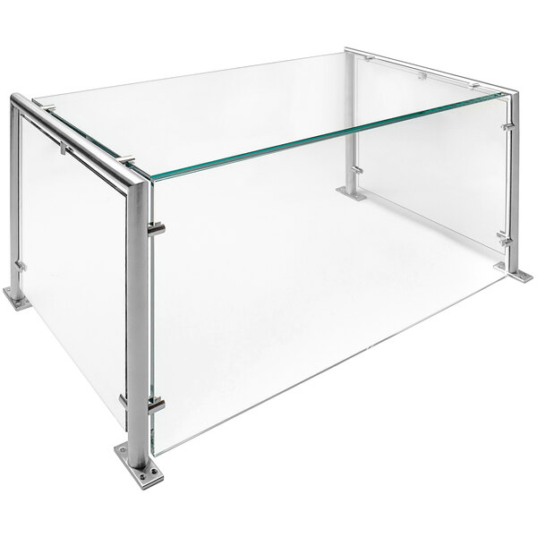 A Premier Metal & Glass Stationary Countertop Food Shield with Permanent Mount on a table with metal legs and a glass top.