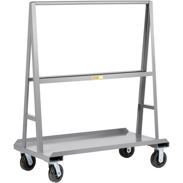 A grey metal cart with wheels.