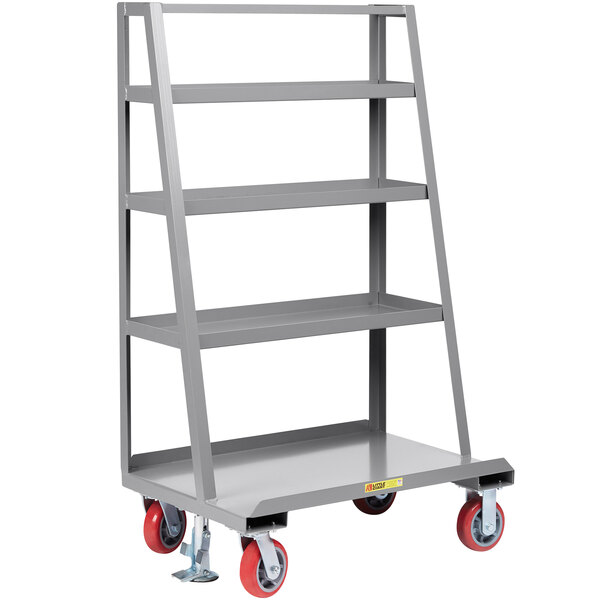 A grey metal Little Giant panel truck with 4 shelves on red wheels.