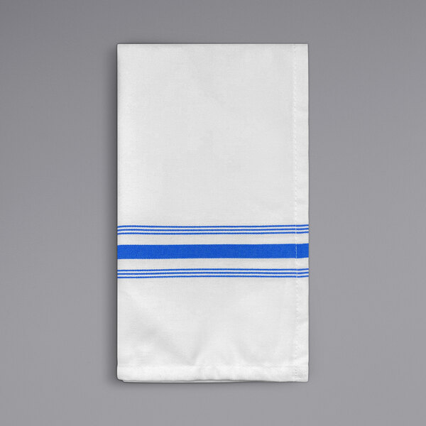 A white cloth napkin with blue stripes.