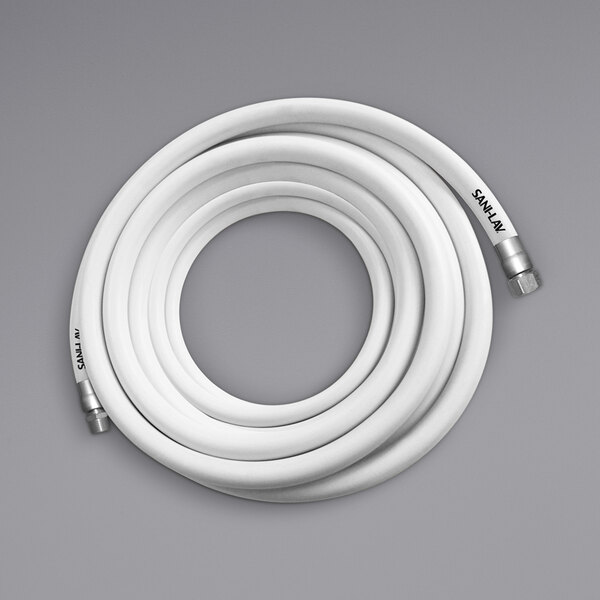 A white Sani-Lav washdown hose with stainless steel connectors on the ends.