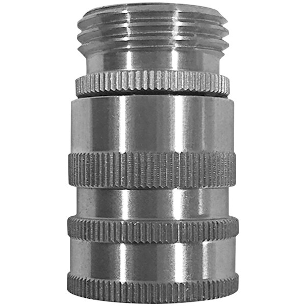 A Sani-Lav stainless steel hose adapter with threaded connections.