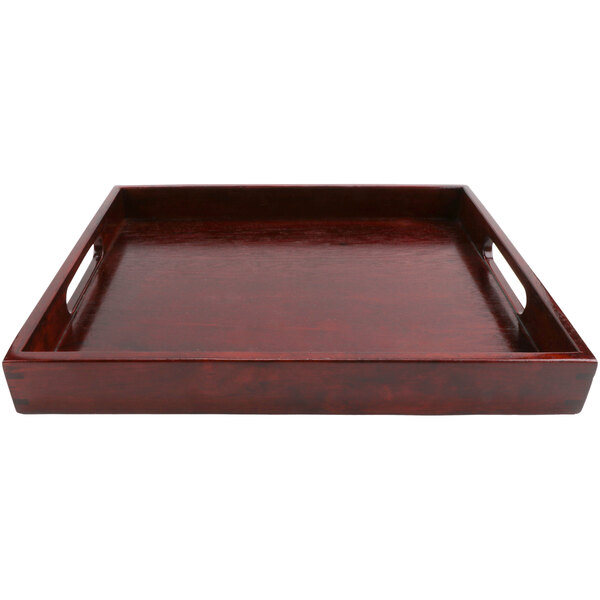 A GET 15" x 11" Hardwood Room Service Tray with handles.