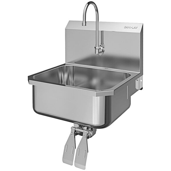 A stainless steel Sani-Lav wall-mounted utility sink with a double knee-operated faucet.