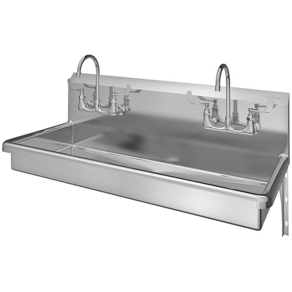 A Sani-Lav stainless steel multi-station hand sink with two wall mounted faucets.