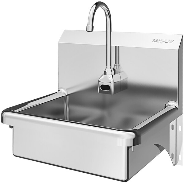 A Sani-Lav stainless steel wall mounted utility sink with a faucet.