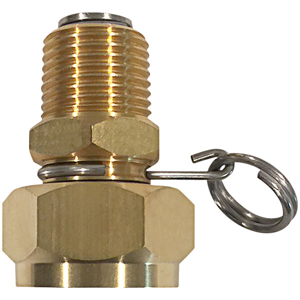 A brass Sani-Lav swivel hose adapter with threaded connections.