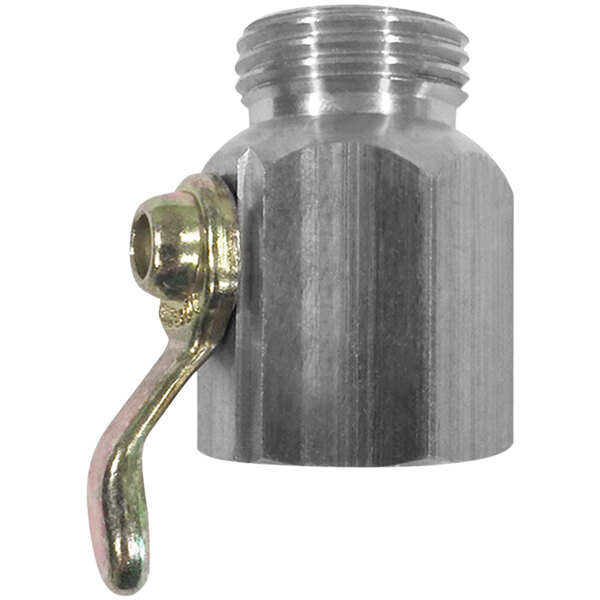 A silver metal Sani-Lav hose adapter with a stainless steel cylinder and brass screw connections.