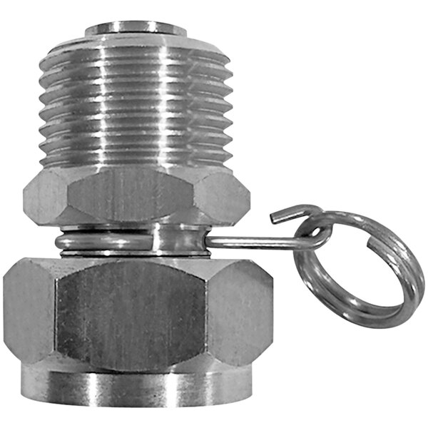 A close-up of a Sani-Lav stainless steel swivel hose adapter.