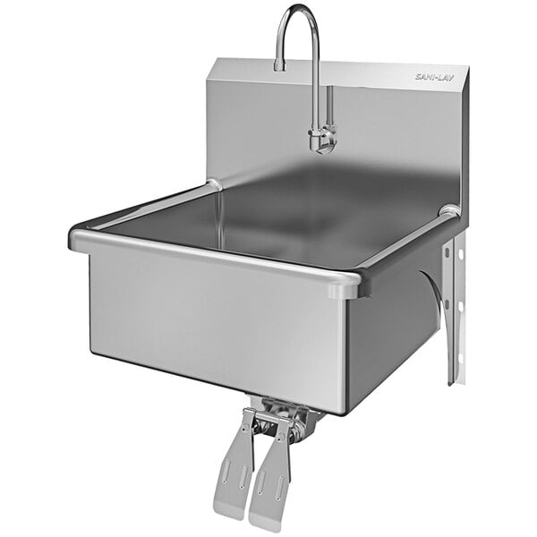 A Sani-Lav stainless steel wall mounted utility sink with 1 double knee-operated faucet.