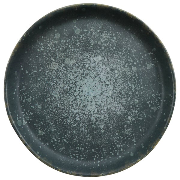 A round black cheforward melamine plate with white specks.