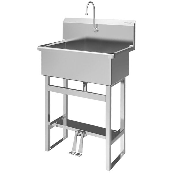 A Sani-Lav stainless steel scrub sink with a foot-operated faucet.