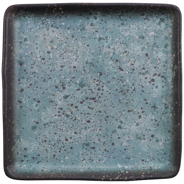 A cheforward square melamine plate in robin's egg blue with speckled specks.