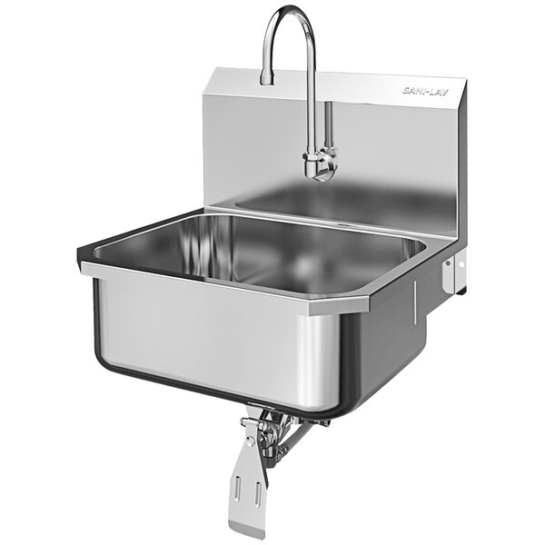A Sani-Lav stainless steel wall mounted sink with a single knee-operated faucet.